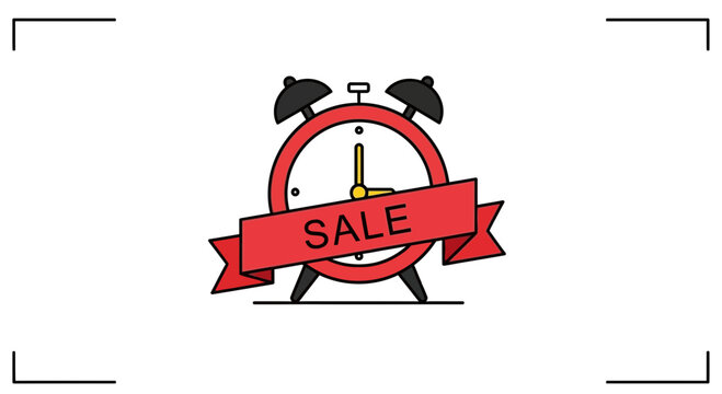Alarm Clock with Sale Banner Flat Line Icon - Limited Time Offer Promotion