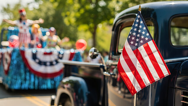 American flag waving on vintage car during festive Independence Day parade in summer sunlight