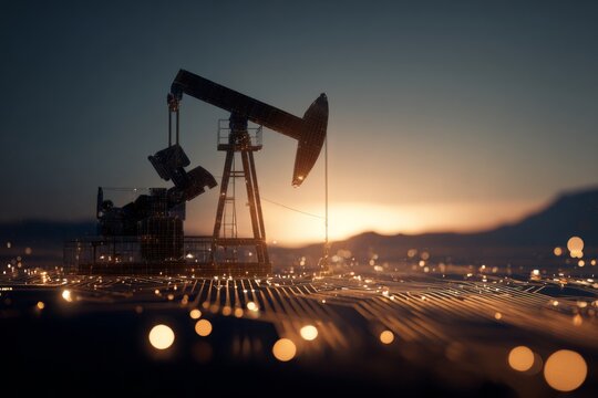 Desert pulse: the rhythmic churn of the oil industry against a mountain backdrop. Human interaction. Tireless extraction: an oil pump jack in a lively desert with majestic peaks.