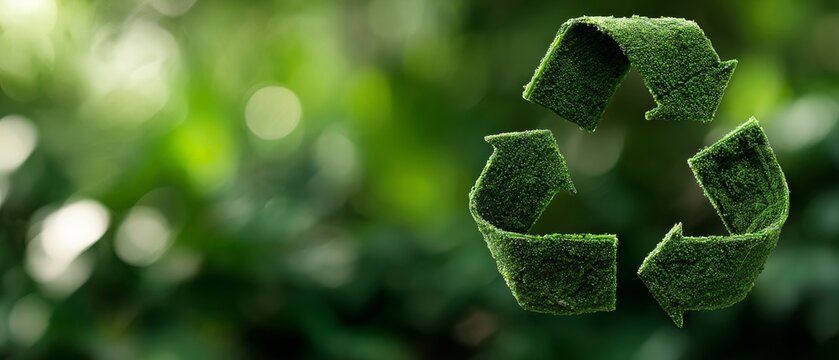 Harmony with nature: a tribute to world earth day. Copy space. The iconic green recycle symbol: a vision on a soothing bokeh background. Advertising photo. Strong contrast.