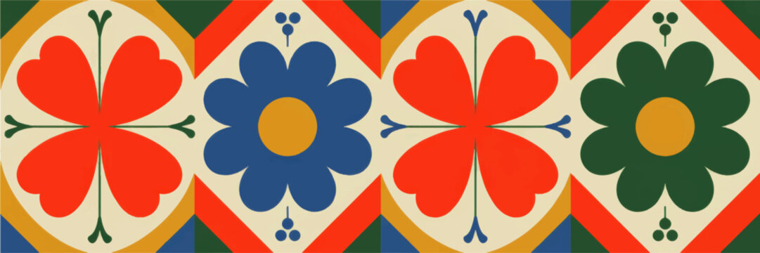 Retro floral geometric seamless pattern with bold colorful folk art flowers, hearts and clover shapes for textile and wall decor