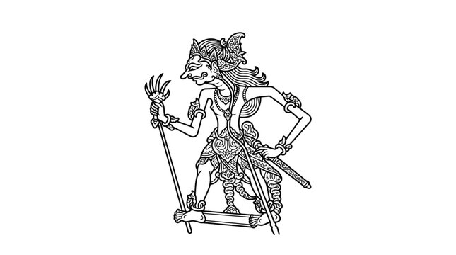 Traditional shadow puppet character from Indonesian wayang kulit theater.
