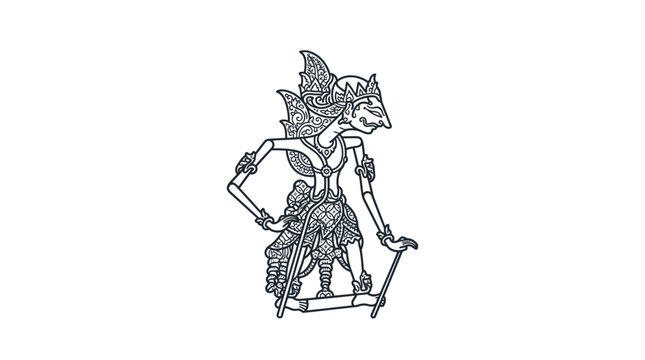 Javanese Wayang Kulit puppet character outline illustration.