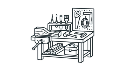 Naklejka premium Woodworking workbench icon with carpentry tools and wood.
