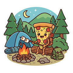 Fototapeta premium A cartoon pizza character roasts marshmallows while camping under a starry night sky with a tent and trees.