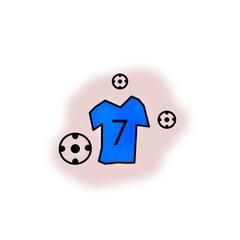 Una franela o camiseta de color azul rodeada de pelotas de fútbol en un fondo transparente © Elika R