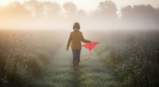 Person flying red kite in misty open field.