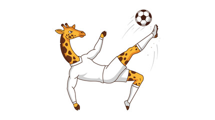 Obraz premium Whimsical giraffe in mid-air, executing a bicycle kick with a soccer ball, showcasing playful sporting energy and athletic agility