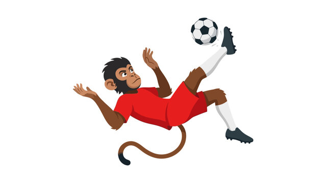 Monkey soccer player in red jersey with white socks, black cleats, and a round ball. Suitable for sports, fun, playful designs.