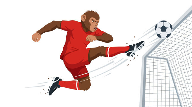 Chimpanzee athlete in red soccer uniform with a ball in fast motion against a white background and goal netting. Suitable for sports and wildlife designs.