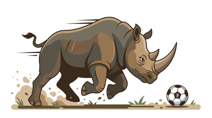 Large charging rhinoceros cartoon character on soccer ball, kicking up dust on grass field showcasing motion and speed. Suitable for sports or wildlifethemed designs. © Luqman