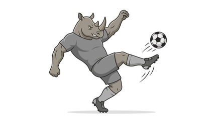 Muscular rhino athlete wearing sports uniform and grey shorts performs dynamic soccer movements with a ball, ideal for sports concepts. © Luqman