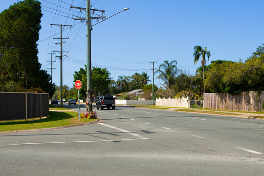 A suburban road intersection featuring a stop sign and a roadside memorial with flowers placed