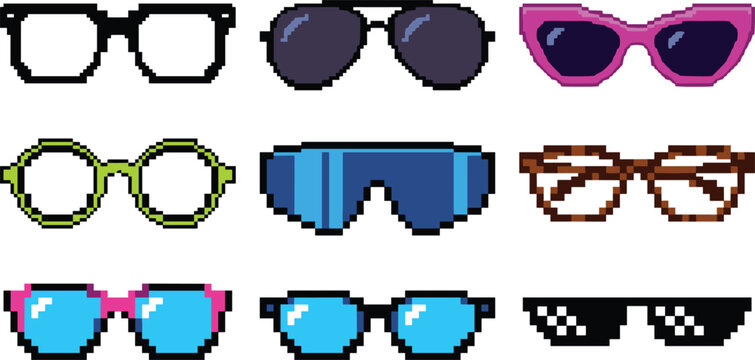 Pixel Art Sunglasses and Eyewear Vector Icon Set Featuring Retro Aviator, Cat Eye, Round Frames, Nerd Glasses, and Thug Life Deal With It Memes