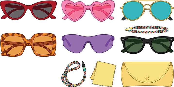 Fashion Sunglasses and Eyewear Accessories Vector Icon Set Featuring Retro Cat Eye, Heart Shape, Tortoiseshell, Aviator Frames, Straps, and Protective Case