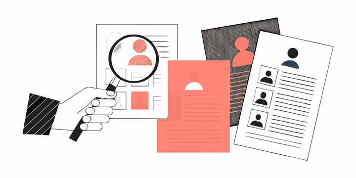 Recruitment Search Illustration With Hand Documents And Magnifying Glass