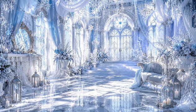 Elegant Frozen Palace Interior with Crystal Winter Wonderland Decor