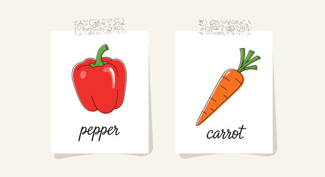 Educational flashcards for children featuring colorful hand-drawn illustrations of a red bell pepper and an orange carrot with text labels.