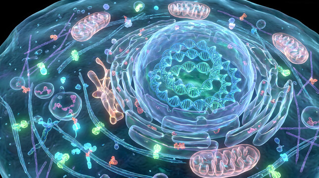 Microscopic animal cell anatomy. Organelles with nucleus and mitochondria. Biology educational science illustration