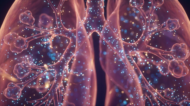 Human lungs respiratory tree. Alveoli glowing oxygen molecule gas exchange. Pulmonology healthcare illustration