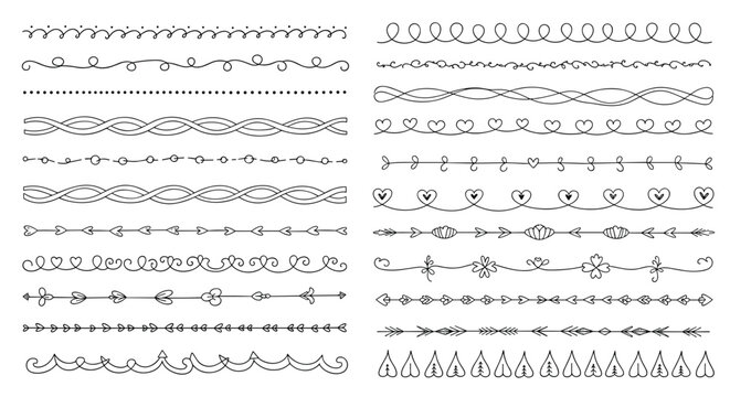 Large collection of hand-drawn decorative dividers and borders with various patterns like hearts, leaves, and scrolls for design projects.
