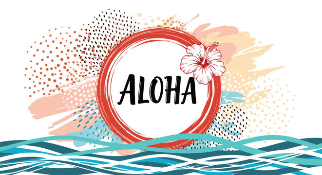 Tropical Aloha themed graphic featuring a red circular brush stroke frame with a white hibiscus flower and blue ocean waves on top.