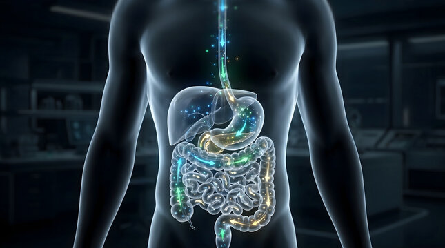 Human digestive system silhouette. Gastrointestinal tract metabolic processing pathway. Gastroenterology medical illustration concept
