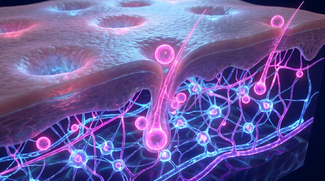 Microscopic skin cell layer. Epidermal lipid barrier hydration activity. Cosmetic science dermatology concept