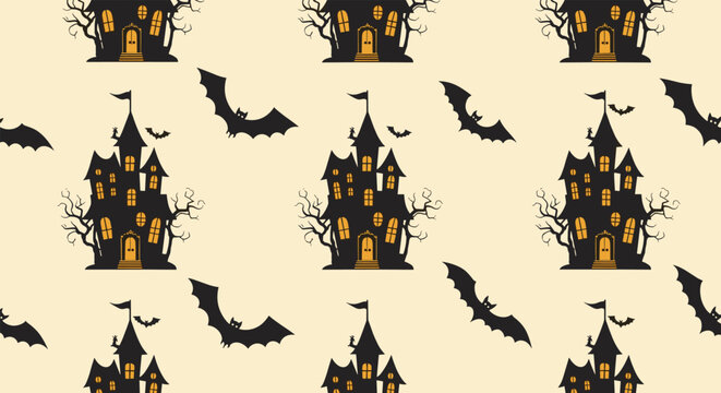 Spooky Halloween seamless pattern featuring silhouettes of haunted houses, flying bats, and bare trees on a pale yellow background.