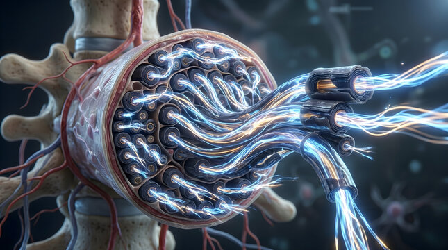 Spinal nerve bundle cross section. Myelinated axon fascicle microstructure. Neurology neurosurgery concept