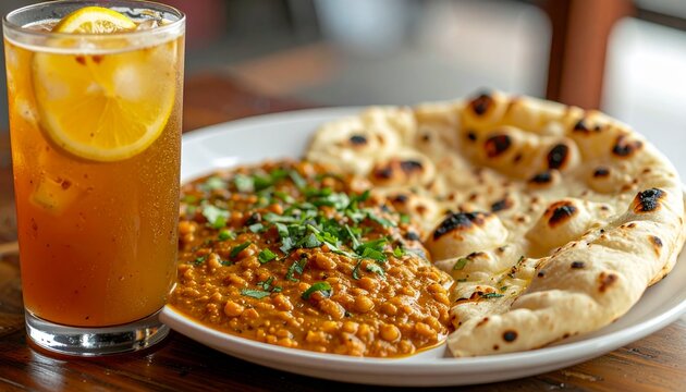 A plate of butter naan and rich dal makhani accompanied by a refreshing iced lemon ginger drink, realistic food styling

