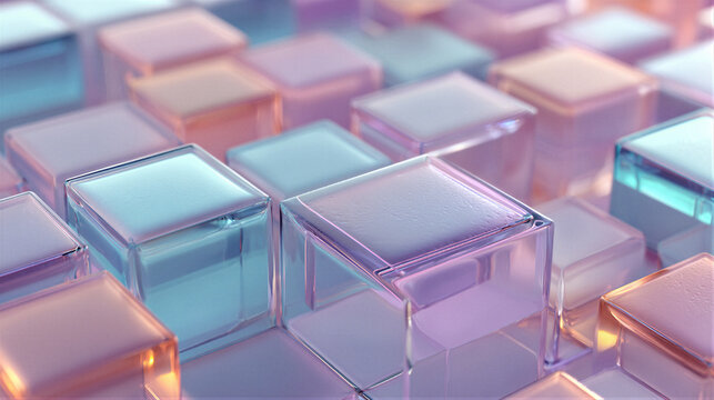 Frosted glass cube grid with a soft purple-blue gradient and cinematic lighting. Macro depth of field and clean space evoke a serene tech mood. Ideal backdrop for corporate websites and presentations.