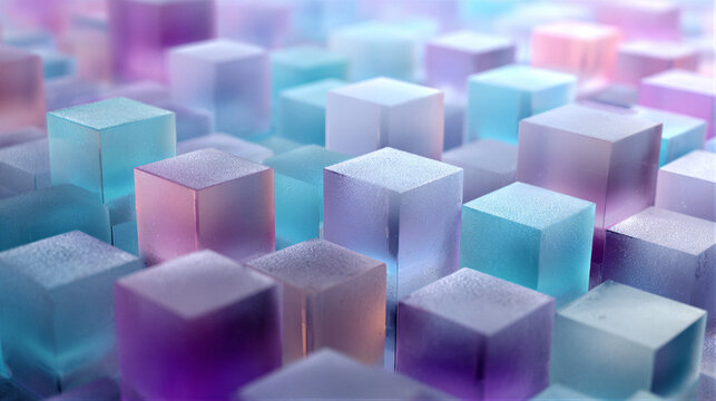 Frosted glass cube grid with a soft purple-blue gradient and cinematic lighting. Macro depth of field and clean space evoke a serene tech mood. Ideal backdrop for corporate websites and presentations.