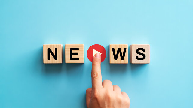 A hand activates a play button on a news block against a blue background