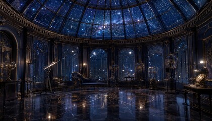 Obraz premium Grand Celestial Observatory Interior with Panoramic Starry Glass Dome