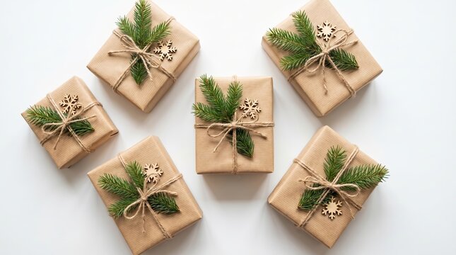 Five square gift boxes wrapped in brown kraft paper decorated with green pine branches and wooden snowflake ornaments arranged on a plain white background for a holiday celebration theme