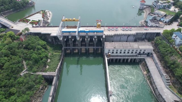 4K aerial video of Lu Shui Lake, dam, sluice and reservoir area in Hubei