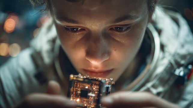 Russian student holding a small CubeSat satellite model in a modern classroom laboratory with reflective metallic surfaces, soft daylight, cinematic ultra-realistic details, and warm emotional tone