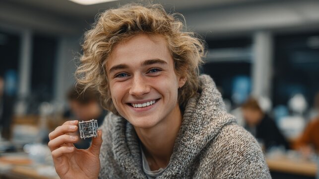 Russian student holding a small CubeSat satellite model in a modern classroom laboratory with reflective metallic surfaces, soft daylight, cinematic ultra-realistic details, and warm emotional tone
