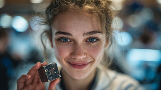 Russian student holding a small CubeSat satellite model in a modern classroom laboratory with reflective metallic surfaces, soft daylight, cinematic ultra-realistic details, and warm emotional tone