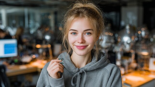 Russian student holding a small CubeSat satellite model in a modern classroom laboratory with reflective metallic surfaces, soft daylight, cinematic ultra-realistic details, and warm emotional tone