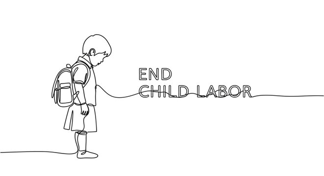 Sad child with backpack, end child labor concept, line art illustration