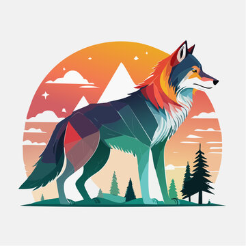 Stylized Wolf Standing in a Mountain Landscape at Sunset