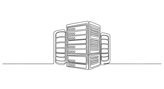 Server Rack Line Art: Data Center Infrastructure, Network Technology, Cloud Computing Concept