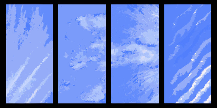 Blue cloud formations in four vertical panels abstract atmospheric scene