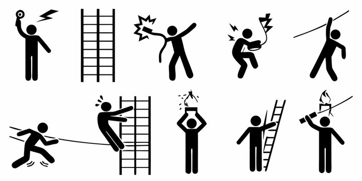 Electrical hazard and safety icons black stick figures on white