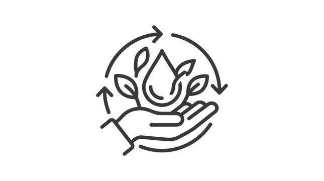 Hand holding water drop with leaves and recycle symbol.