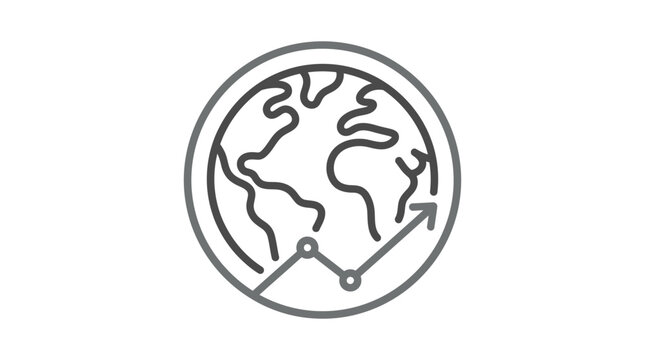 Globe with rising growth arrow line art icon.