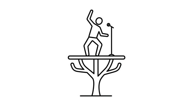 Stand up comedian on stage on tree branch, performance, microphone, spotlight, dark background