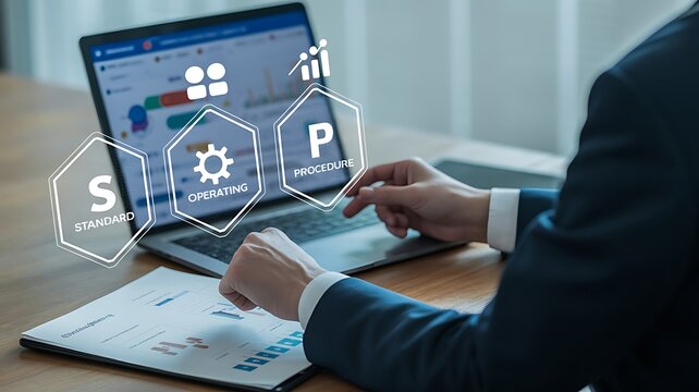 Business professional analyzing financial data and charts on a laptop, representing operational efficiency and strategic planning for growth